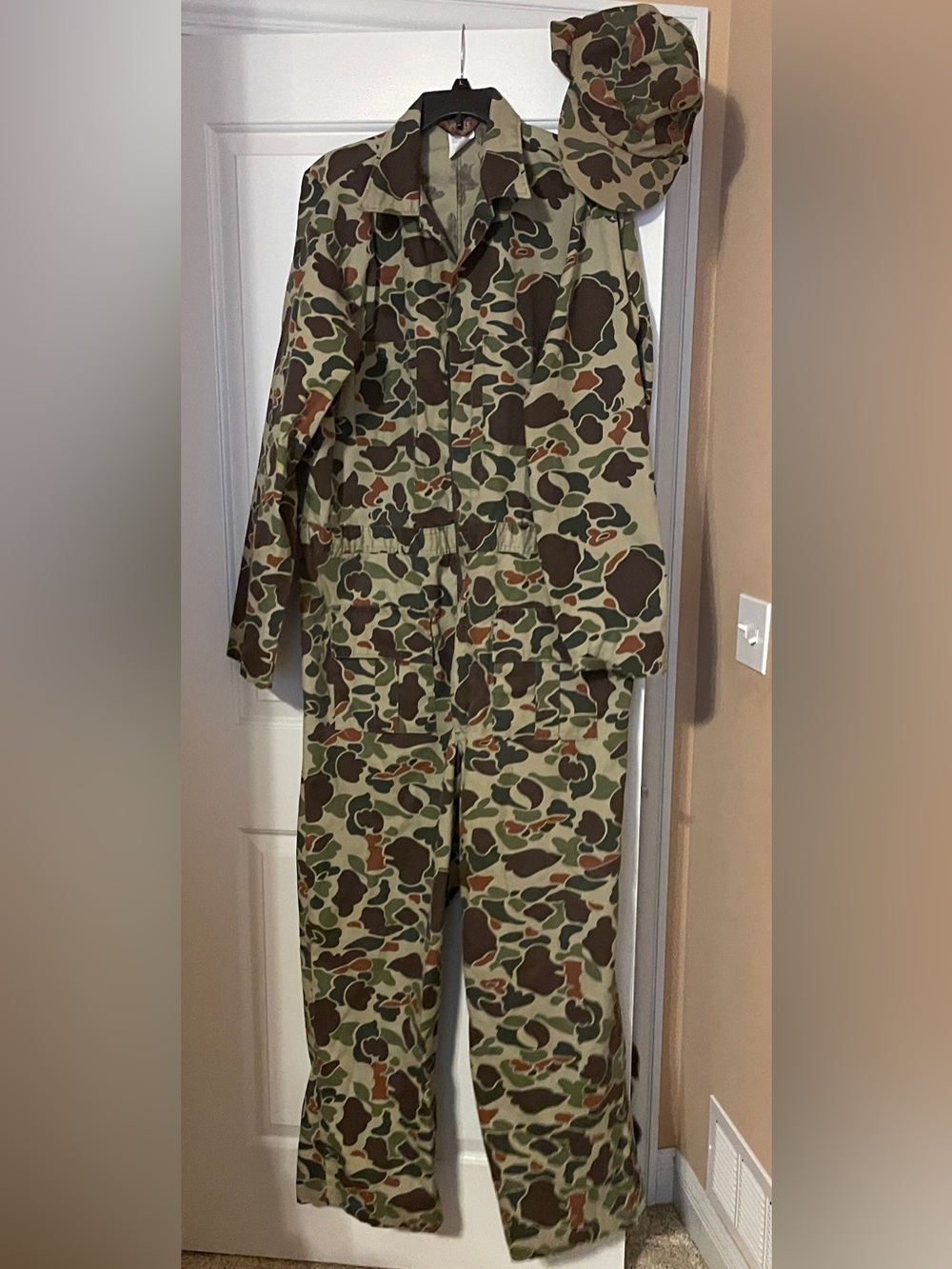 Vintage frog skin camo coveralls and lined hat